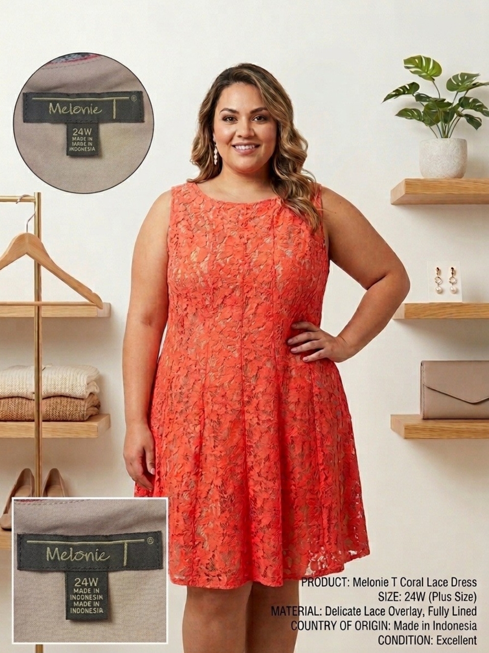 Melonie T Coral Lace Midi Dress - Plus Size